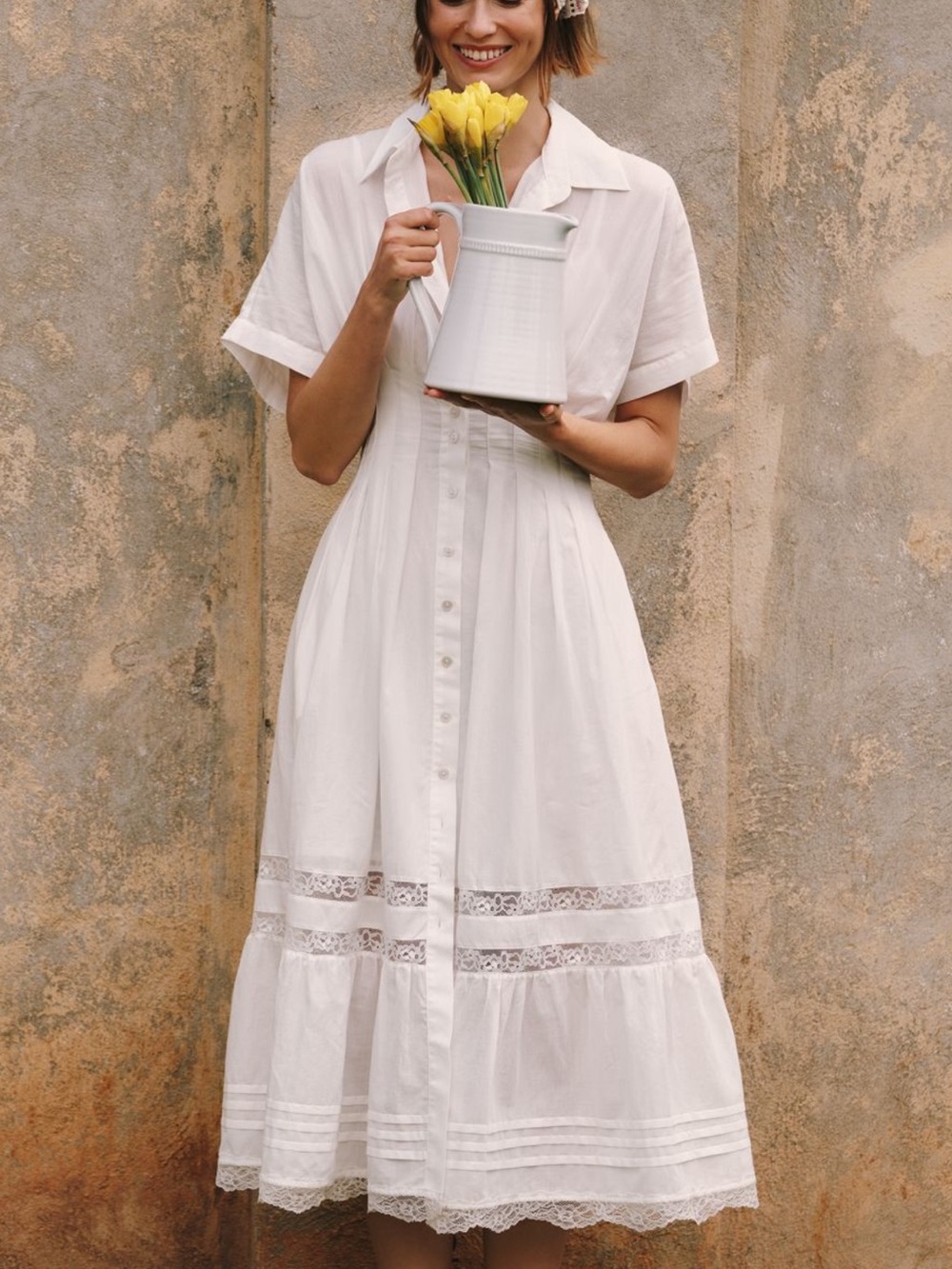 Exquise White Button-Front Maxi Dress with Lace Trim